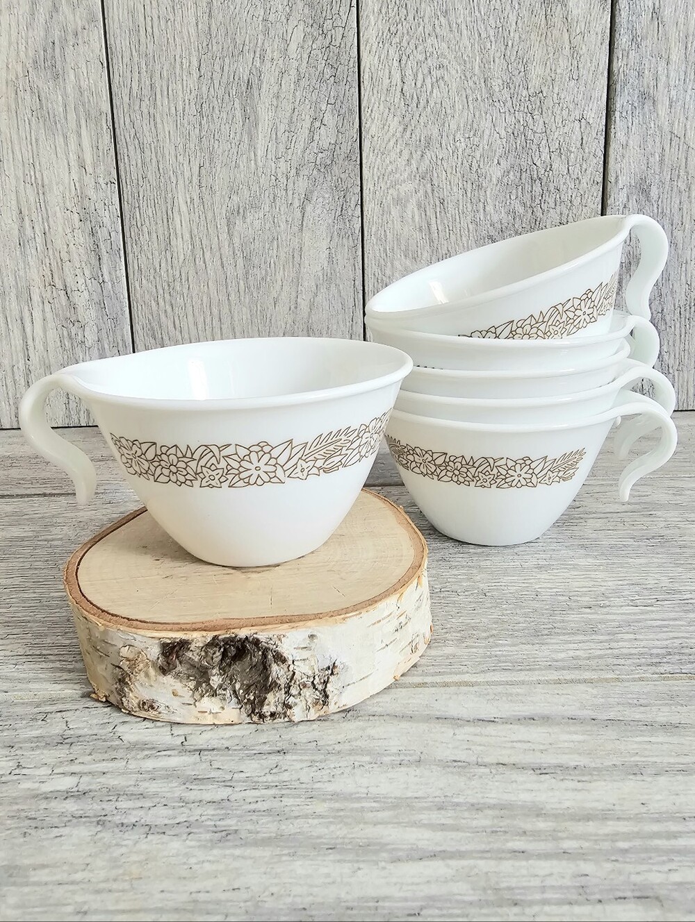 Pyrex Woodland Brown Flat Cups W/Hook Handle
